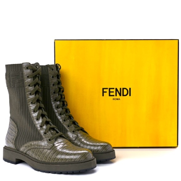 New FENDI FF Croc Embossed Womens Combat Boots 38 - Picture 2 of 10